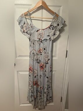 No Comment Floral Off Shoulder High Low Midi Dress Blue White Size Medium
